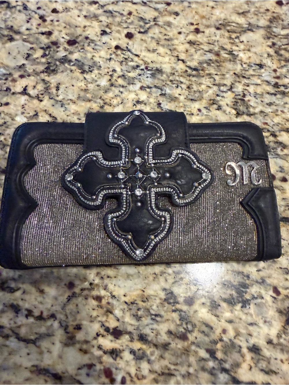 Miss Me Black & Silver Embellished Cross Wallet